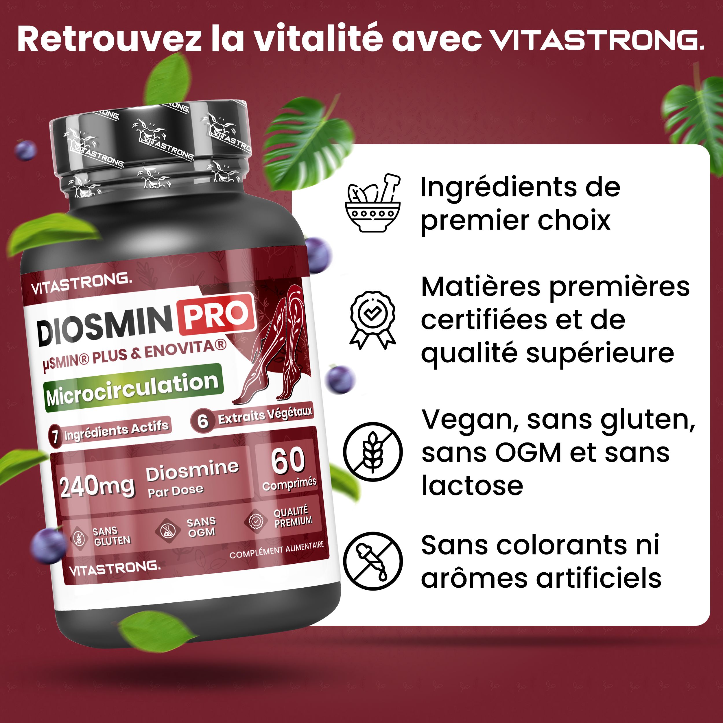 Vitastrong Diosmin PRO. Fles met tabletten. Tekst: 7 actieve ingrediënten, 6 plantenextracten, 240mg Diosmine, 60 tabletten. Glutenvrij, geen GGO's.