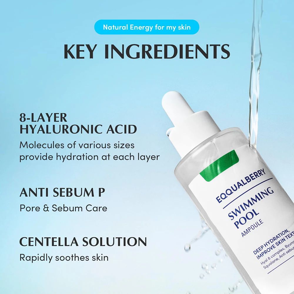 Grafiek met product en tekst. Product: EQQUALBERRY SWIMMING POOL AMPULE. Tekst: KEY INGREDIENTS, 8-LAYER HYALURONIC ACID.
