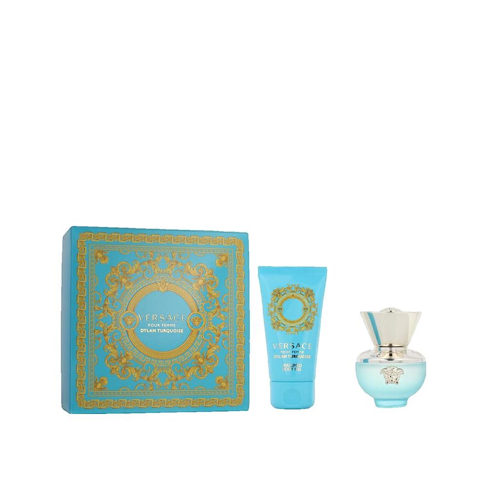 Turquoise geschenkverpakking met gouden decoratie. Bevat een tube en een flesje. Op de doos staat "Versace Dylan Turquoise".