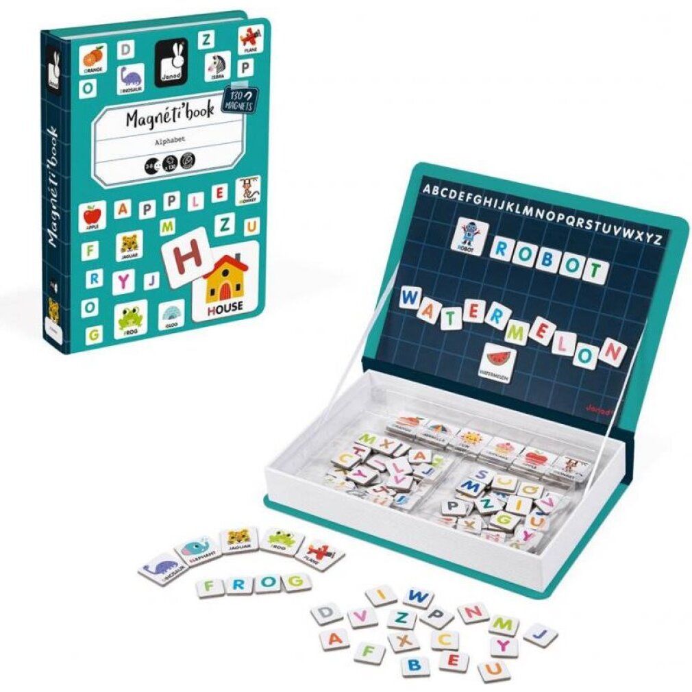 Magnetibook Alfabeto inglese. Open boek met letters en afbeeldingen. Woorden ROBOT en WATERMELON gelegd. Letters en afbeeldingen verspreid.