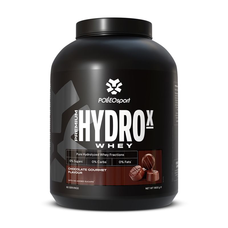 Zwarte pot met "HYDROX WHEY" opdruk. Smaak: chocolade gourmet. Merk: POLLEOsport. 0% suiker, 0% koolhydraten, 0% vet.
