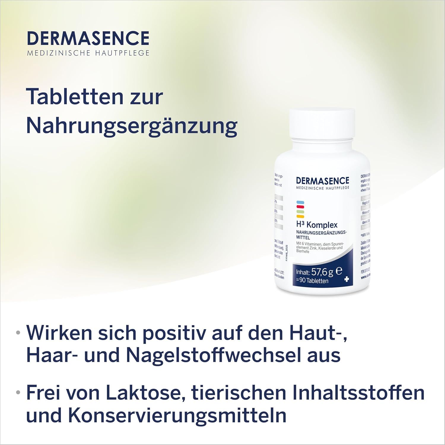 Witte tablettenfles met DERMASENCE H³ Komplex. Bevat 90 tabletten. Tekst: Tabletten voor voedingssupplementen.