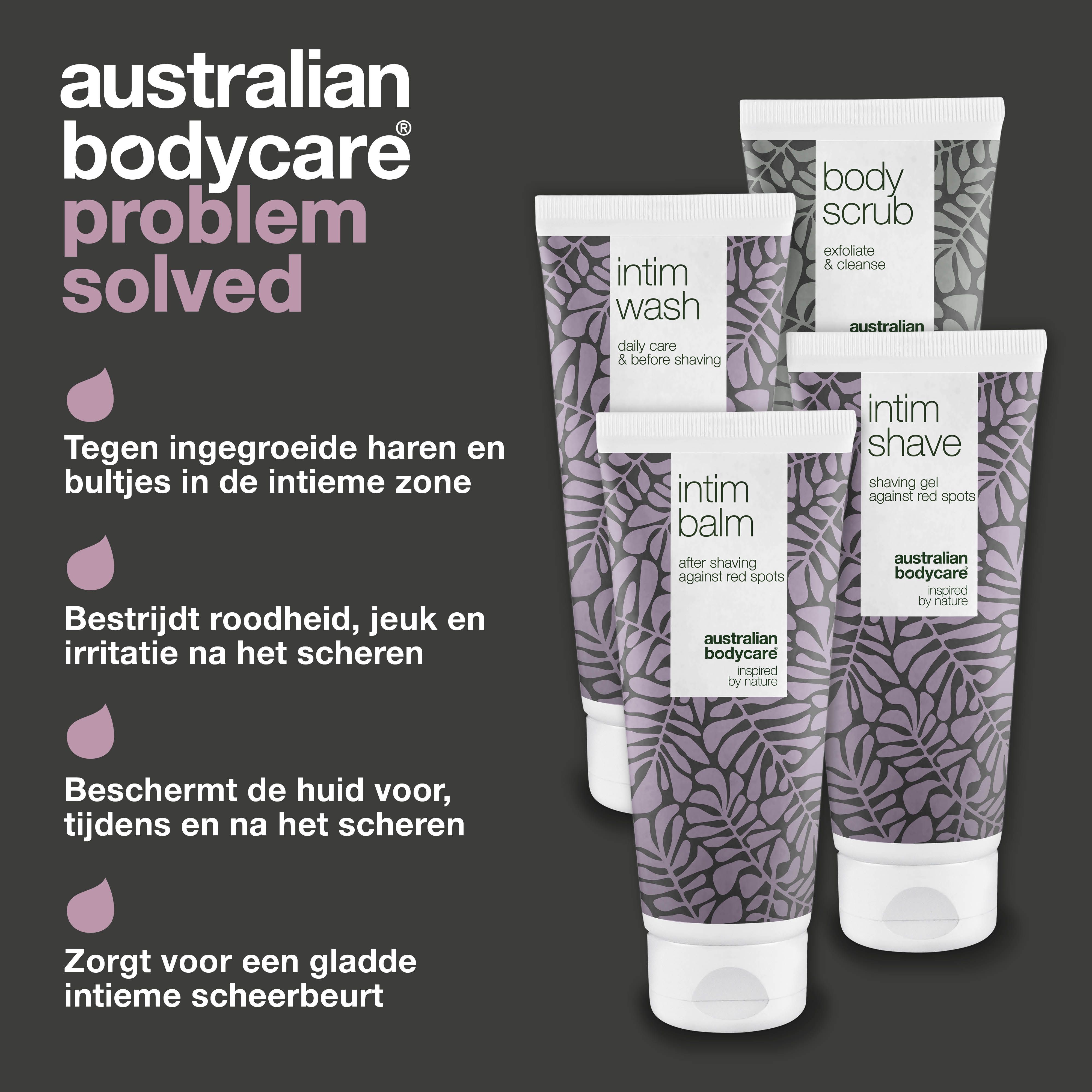Probleem opgelost. Producten: Intim Wash, Intim Balm, Intim Shave, Body Scrub. Tekst over voordelen.