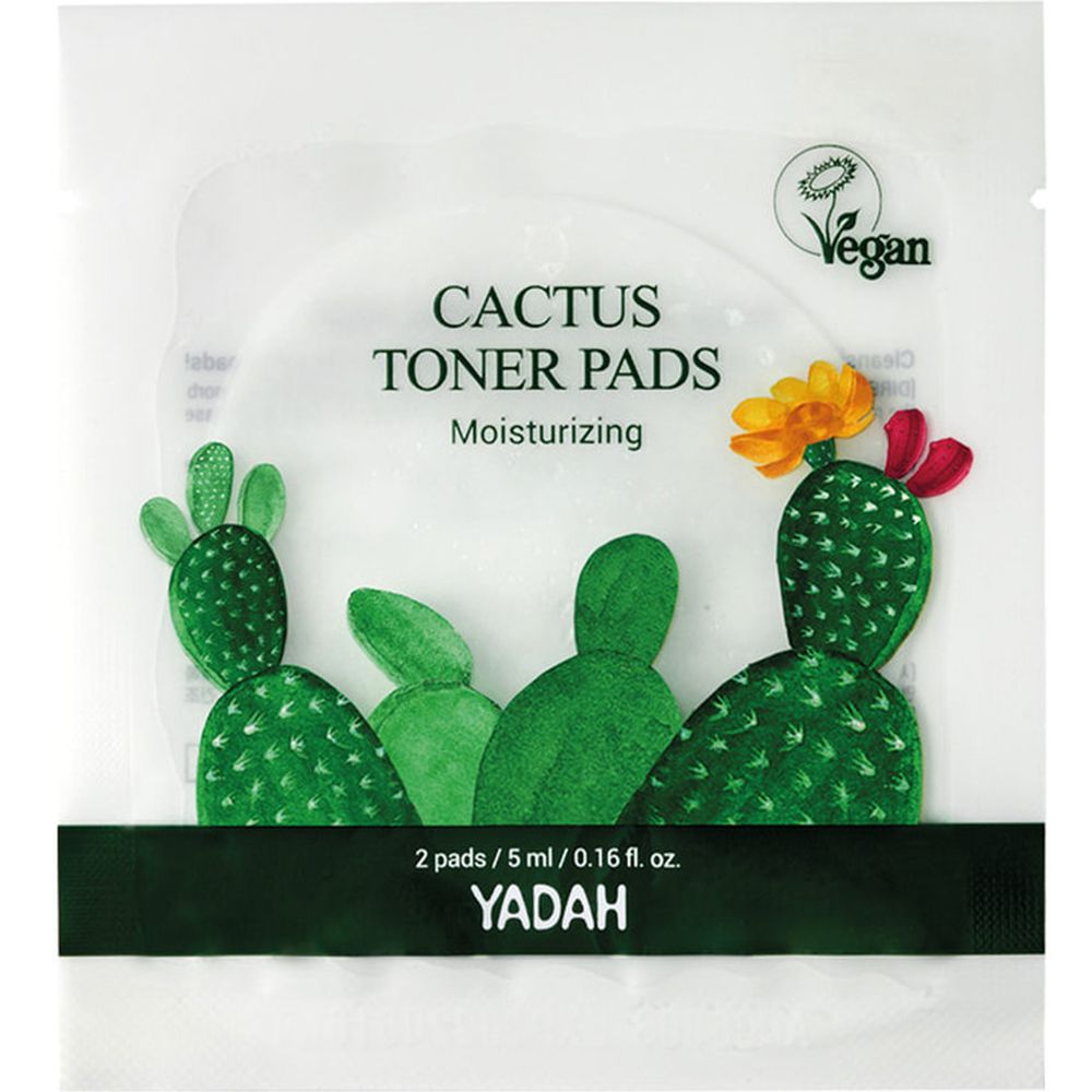 Verpakking met pads. Cactusillustratie, opschrift: Cactus Toner Pads, Vegan-label. Merk: YADAH.