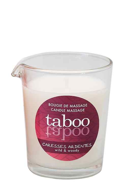 Bougie de massage en verre avec bec verseur, parfum 'sauvage & boisé'.