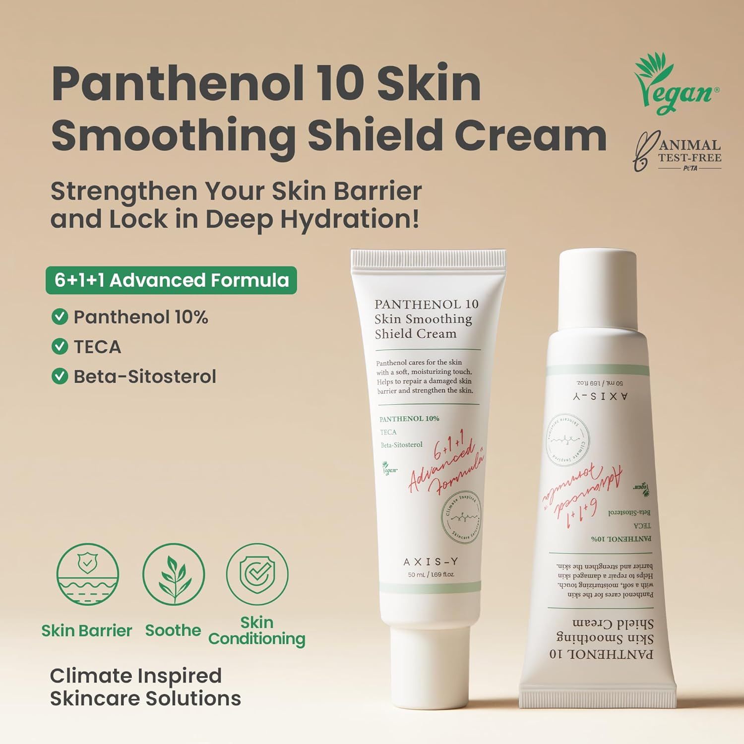 Twee tubes 'Panthenol 10 Skin Smoothing Shield Cream'. Tekst: 'Vegan' en 'Animal Test-Free'.