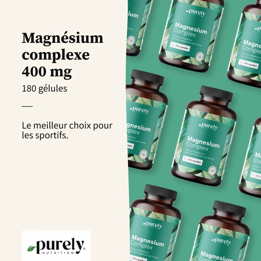 Plusieurs flacons avec étiquette: Magnésium complexe 400 mg, 180 gélules. Étiquette verte et blanche.