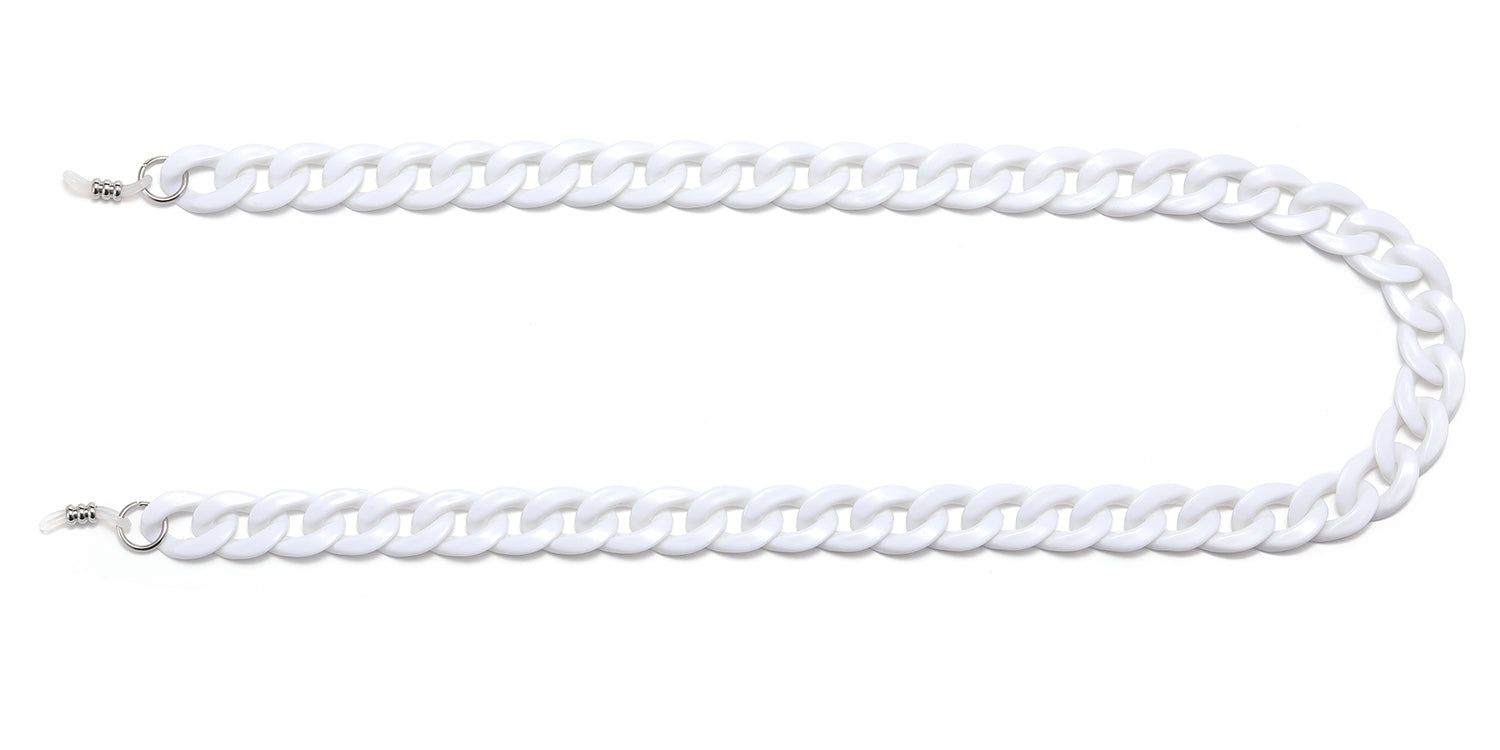 Witte brilketting met kettingpatroon. Aan beide uiteinden metalen ringen voor bevestiging aan de bril.