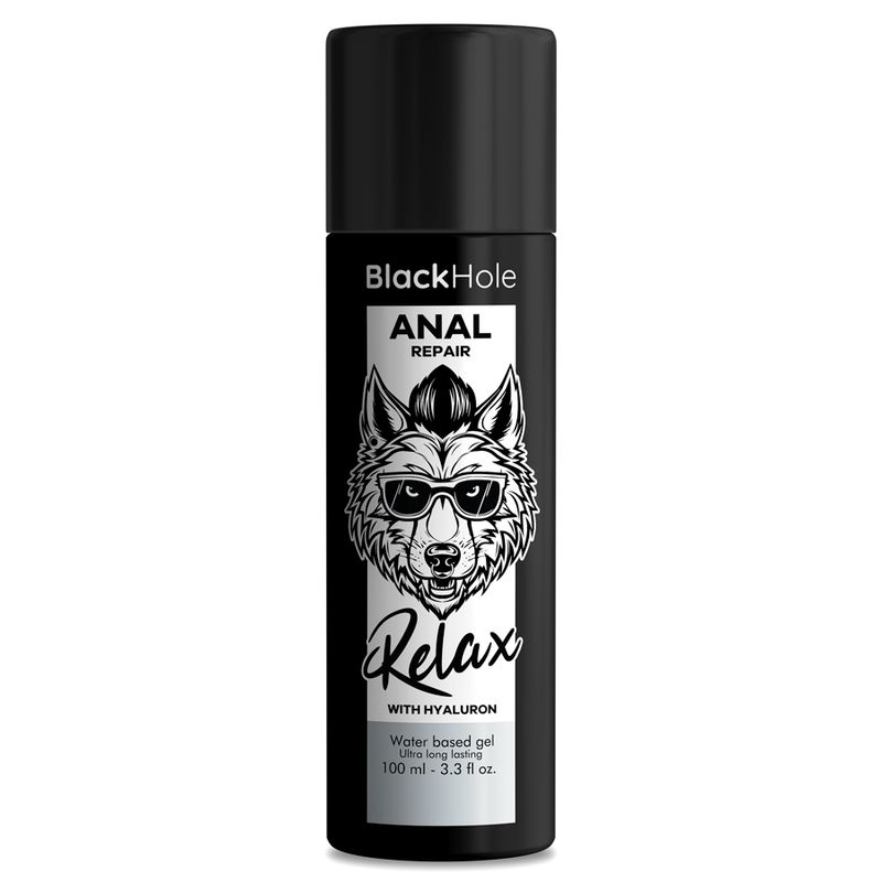 Flacon noir "Black Hole Anal Repair". Logo loup, inscription "Relax".