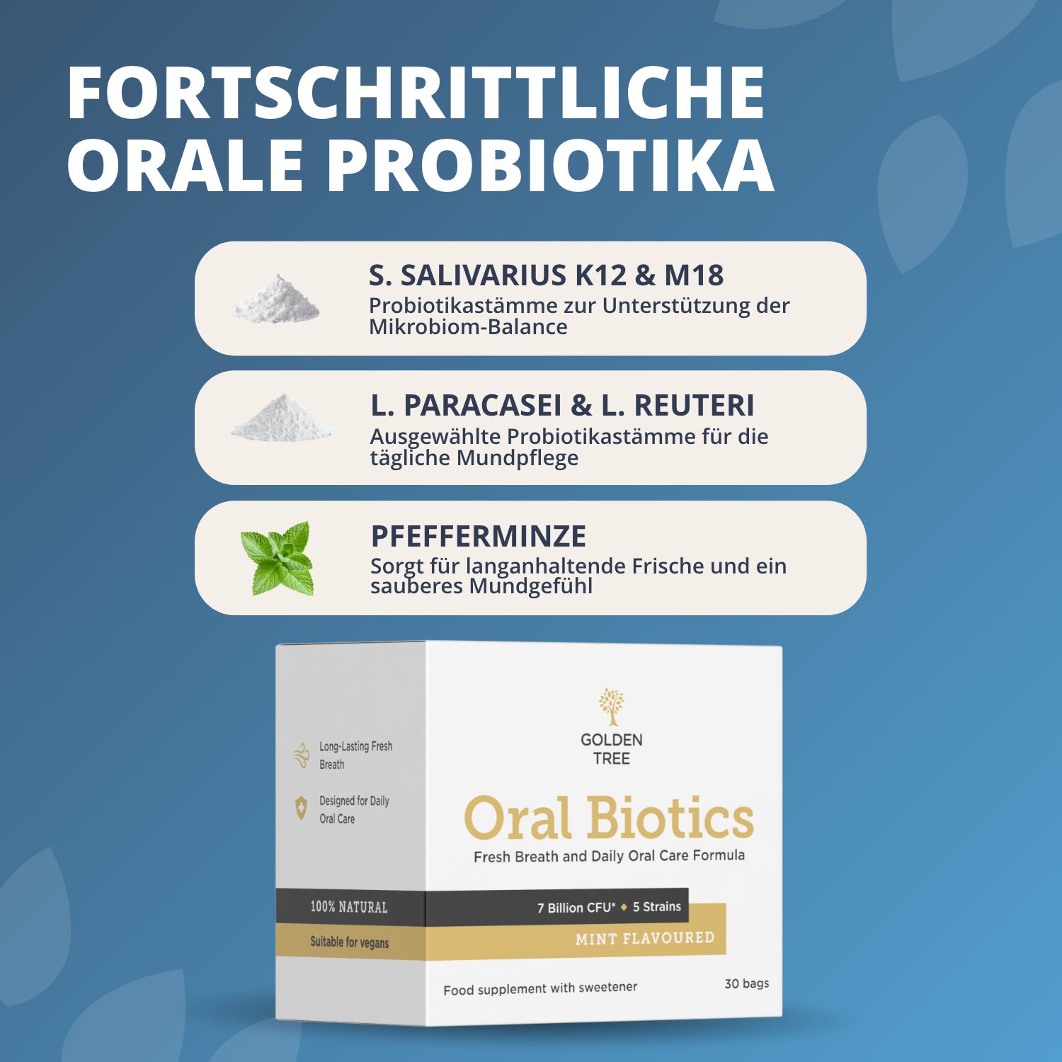 Probiotiques oraux avancés : S. Salivarius, L. Paracasei, L. Reuteri et menthe poivrée.