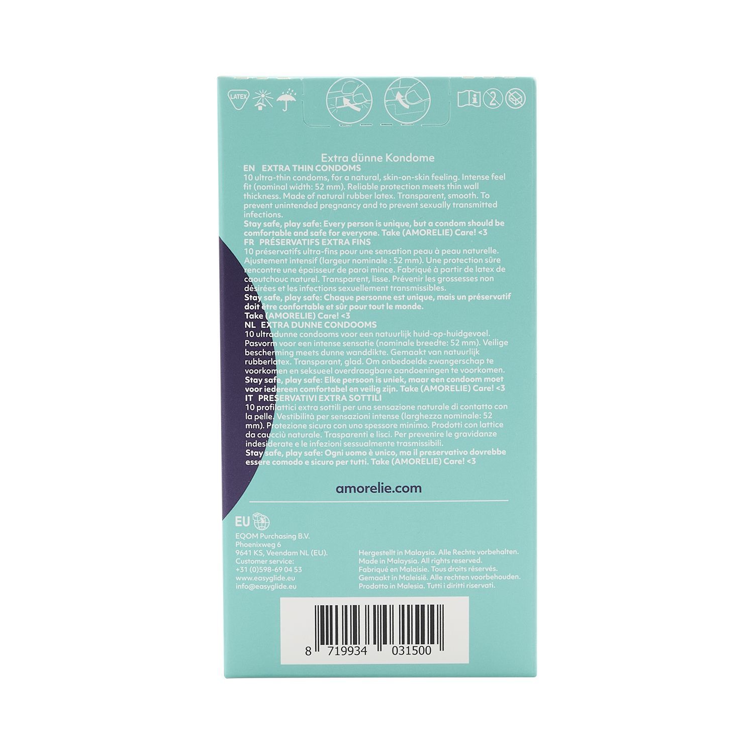 Dos de la boîte de préservatifs. Texte multilingue, dont allemand, français, italien, néerlandais.