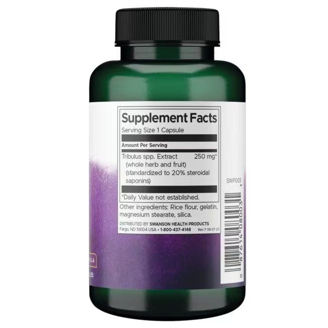 Dos de la bouteille verte. Étiquette blanche avec informations nutritionnelles et ingrédients: extrait de Tribulus spp.