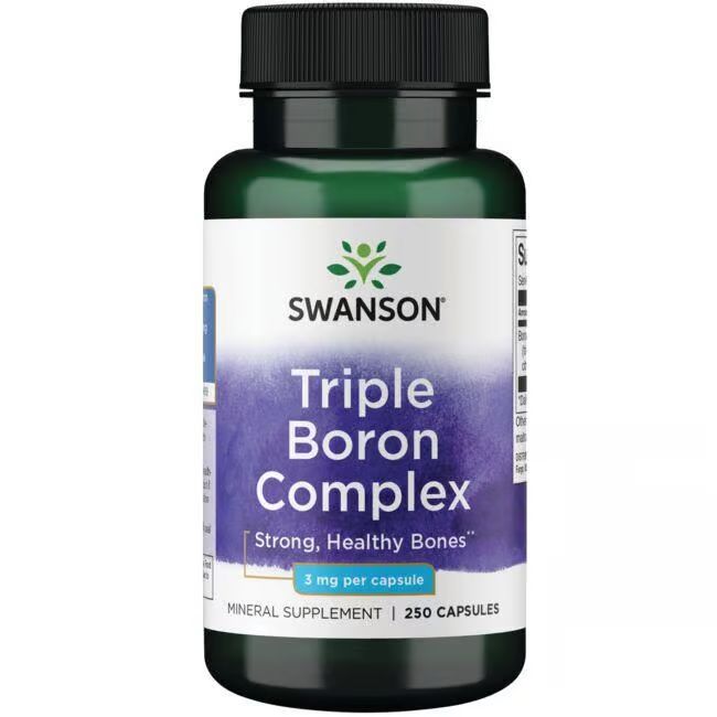 Flacon vert avec bouchon noir. Étiquette avec SWANSON, Triple Boron Complex, 3 mg par capsule. 250 capsules.