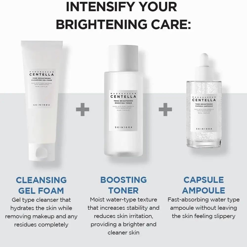 Drie producten: Reinigingsgel, Boosting Toner en Capsule Ampoule. Opschrift: CENTELLA, SKIN1004.