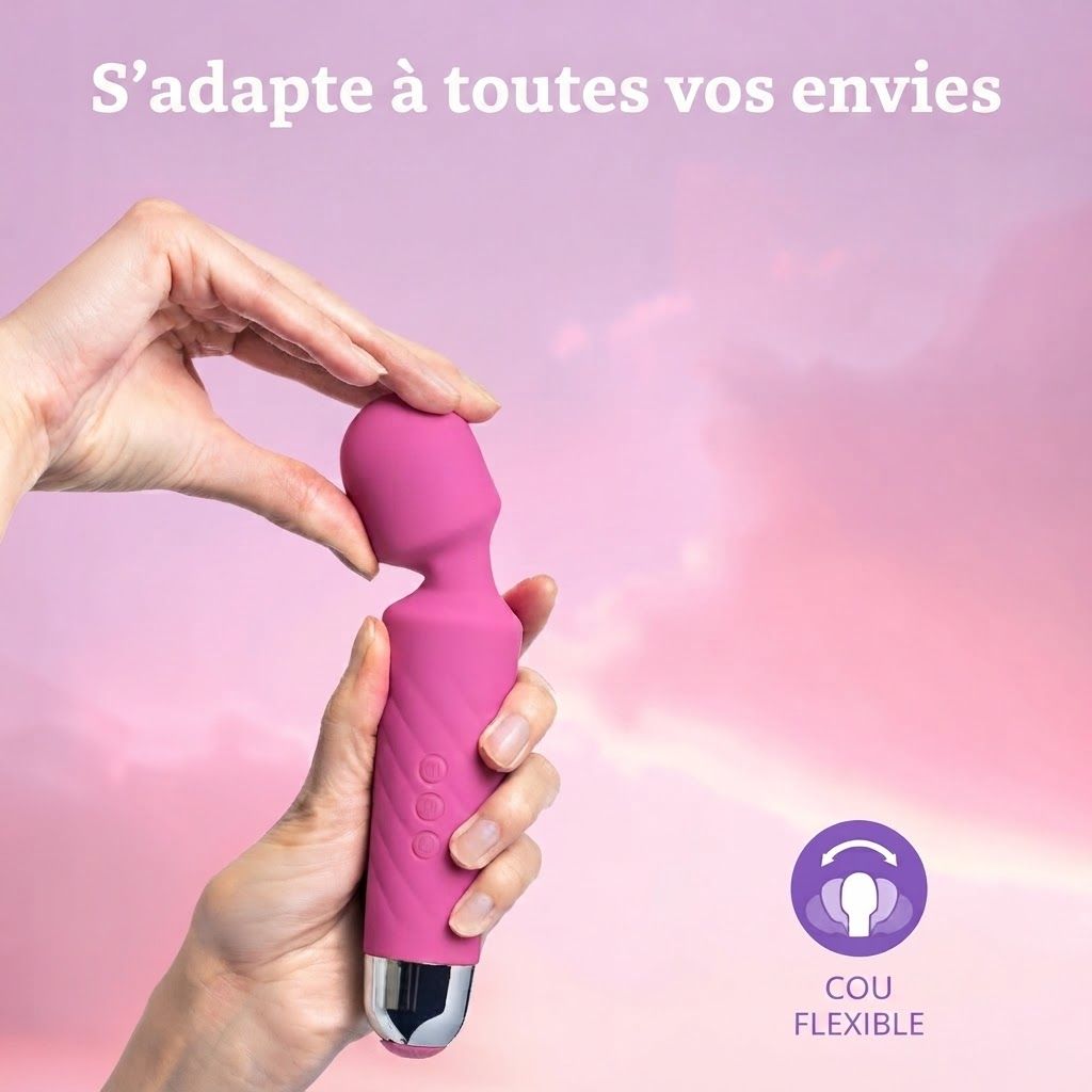 Masseur baguette rose avec cou flexible et manche moleté. Extrémité argentée.