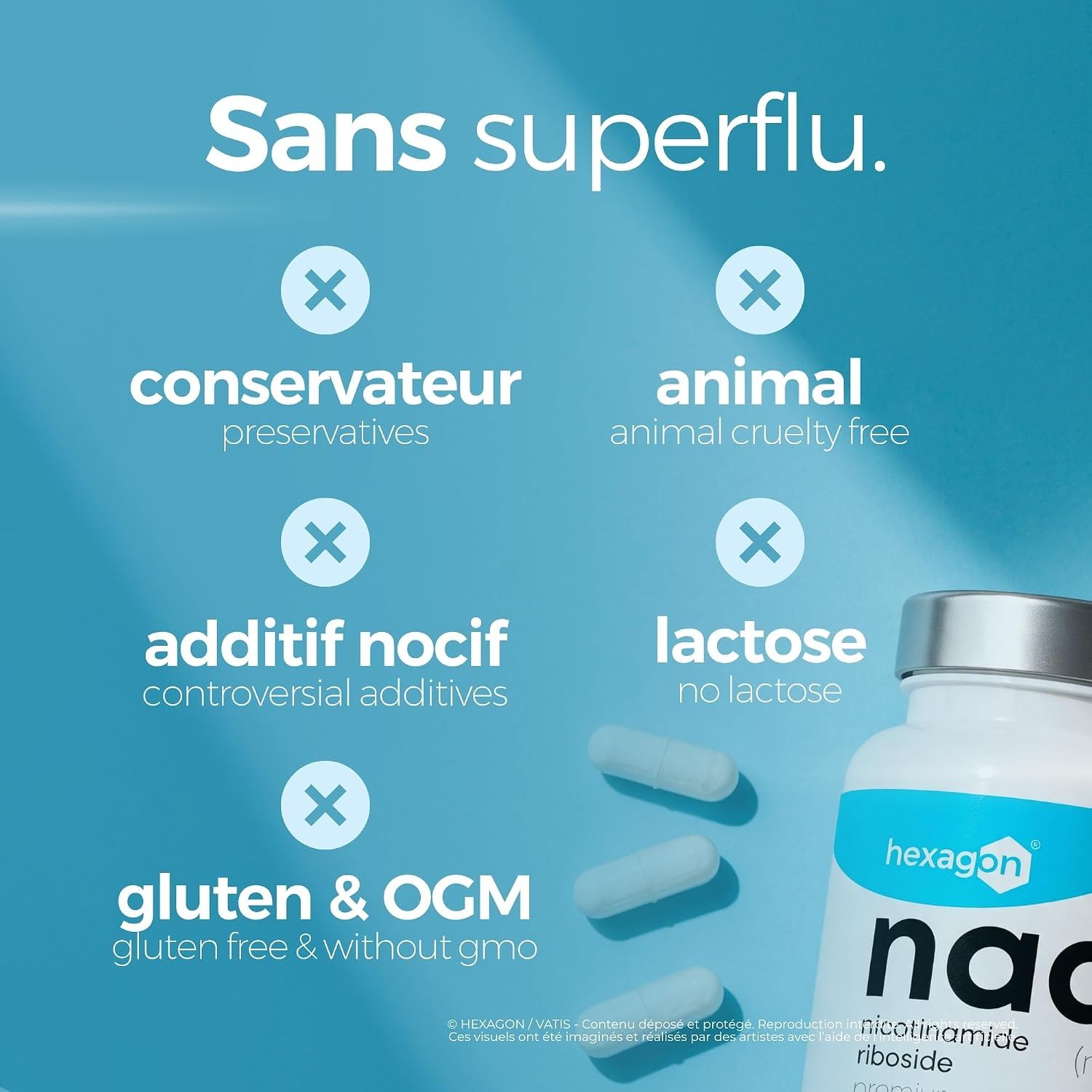 Bouteille de gélules, sans conservateurs, additifs nocifs, gluten et OGM.