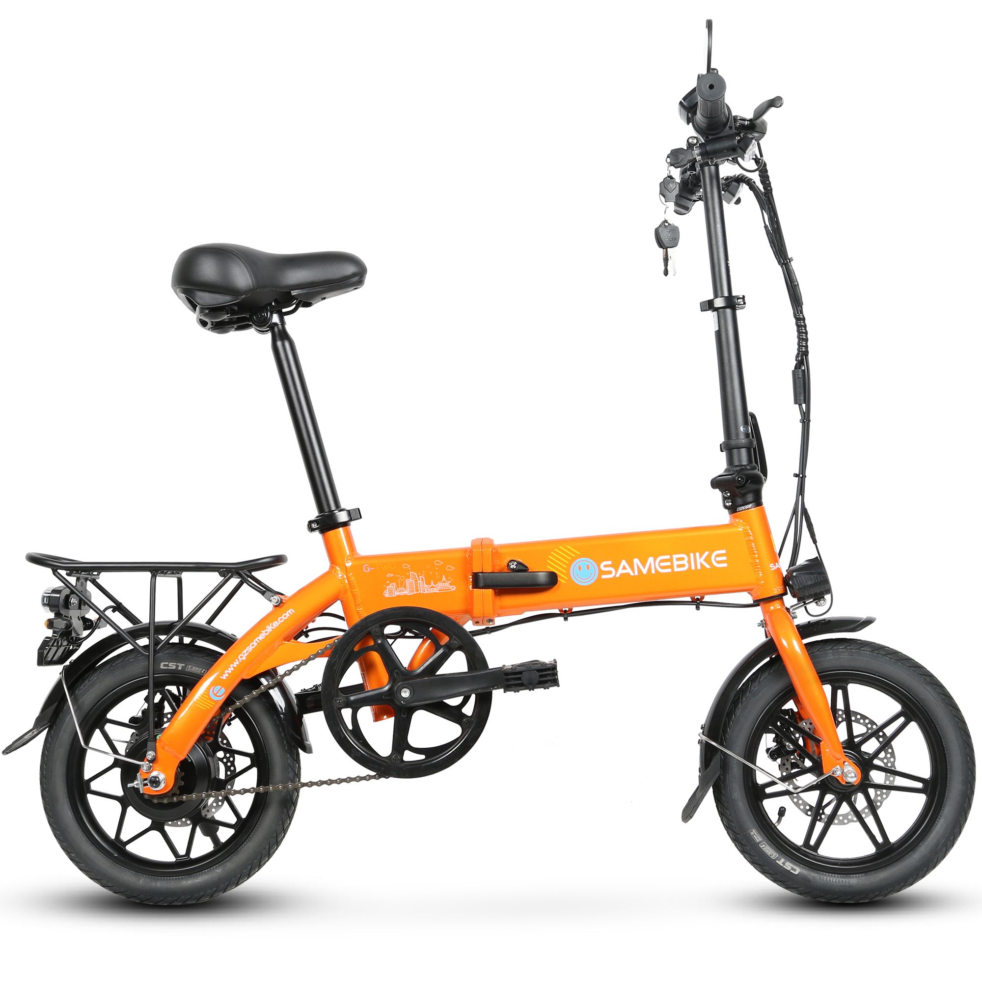 Vélo électrique pliable orange, avec porte-bagages. Marque SAMEBIKE.