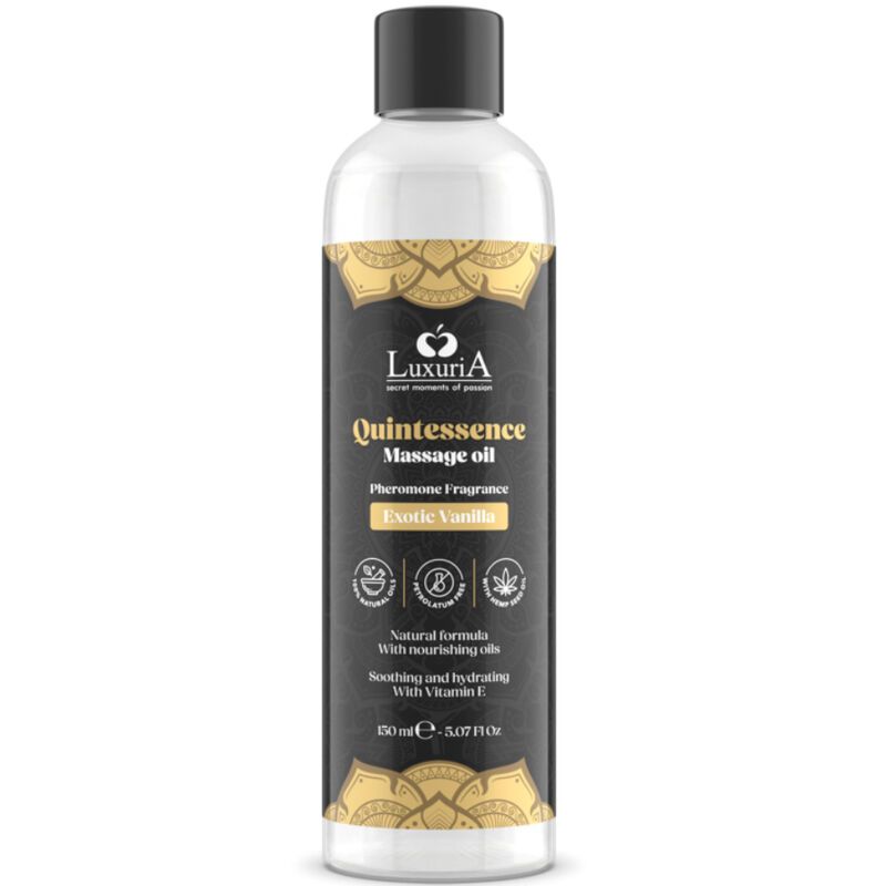 Flacon d'huile de massage Luxuria Quintessence Exotic Vanilla avec indications sur la formule naturelle.