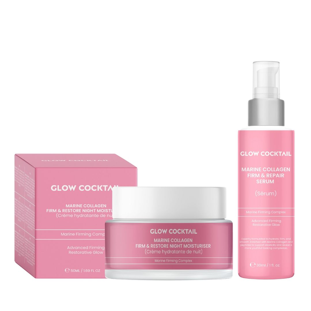 Emballage rose avec deux produits : flacon pompe et pot. Inscription : Glow Cocktail, Marine Collagen. Noms des produits.