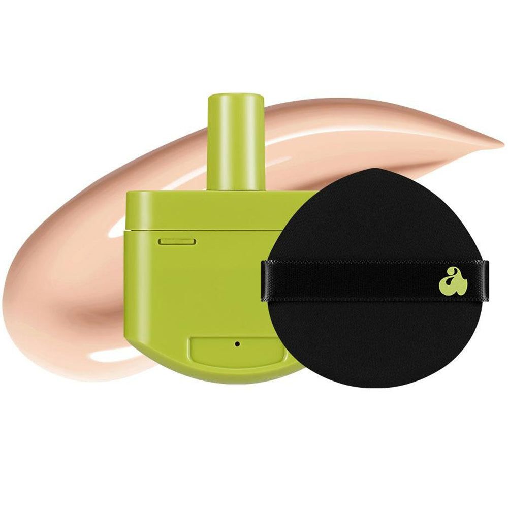 Module Re-Feel vert, éponge noire. Fond: couleur maquillage. Pas de noms de produits visibles.