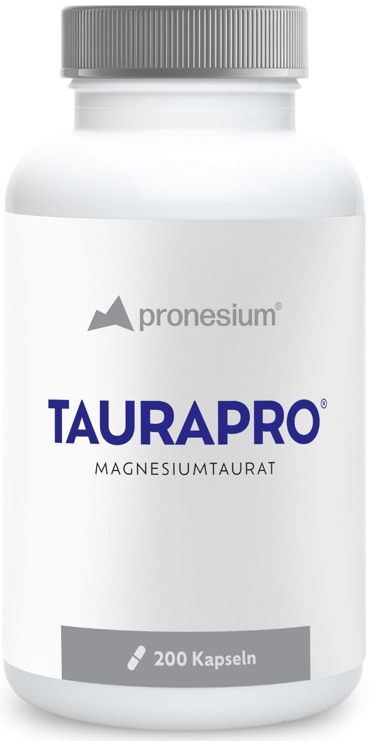 Witte fles met capsules. Opschrift: TAURAPRO, Magnesiumtaurat. 200 capsules.
