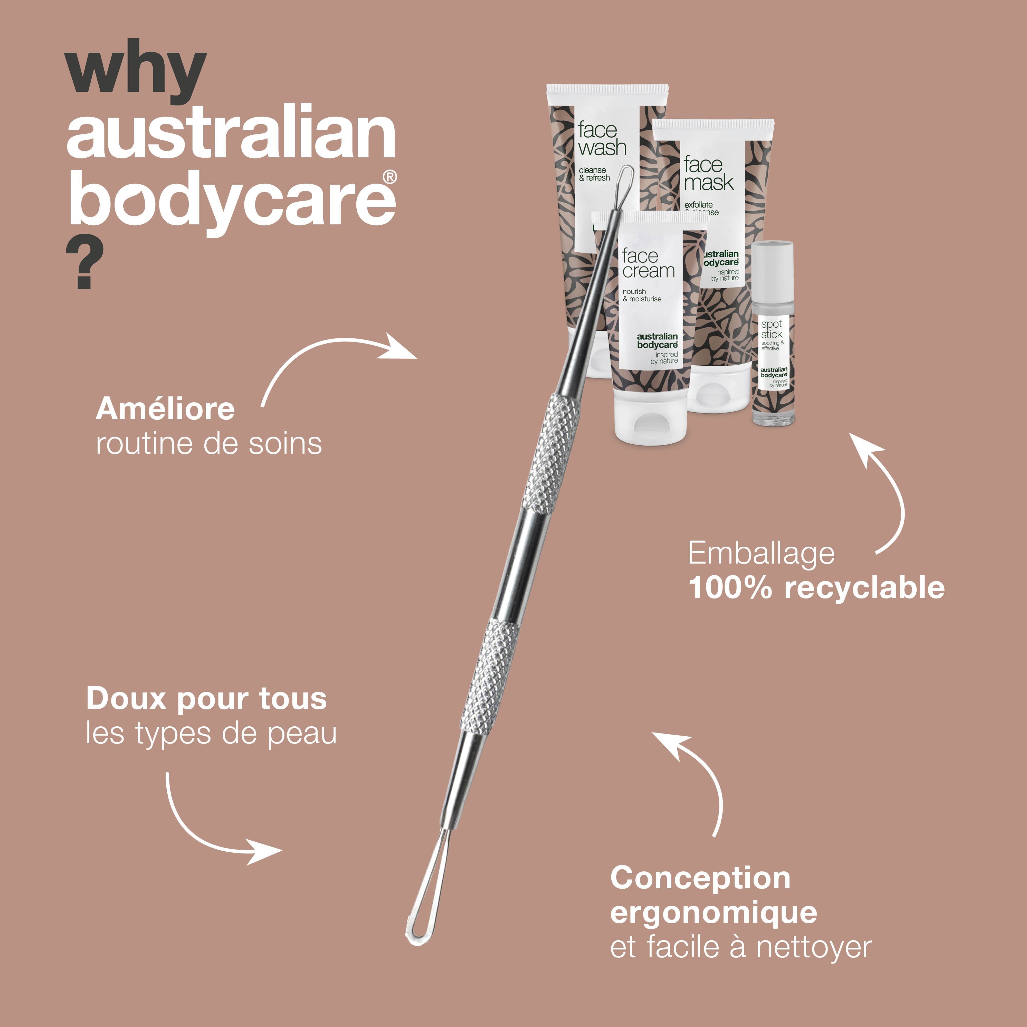 Pourquoi Australian Bodycare ? Produits: nettoyant, masque, crème, stick et outil. Texte: Australian Bodycare.
