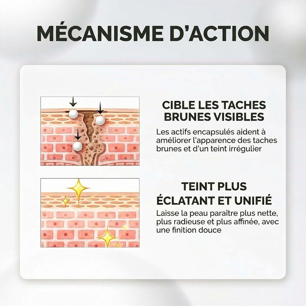 Mécanisme d'action : cible les taches brunes.
