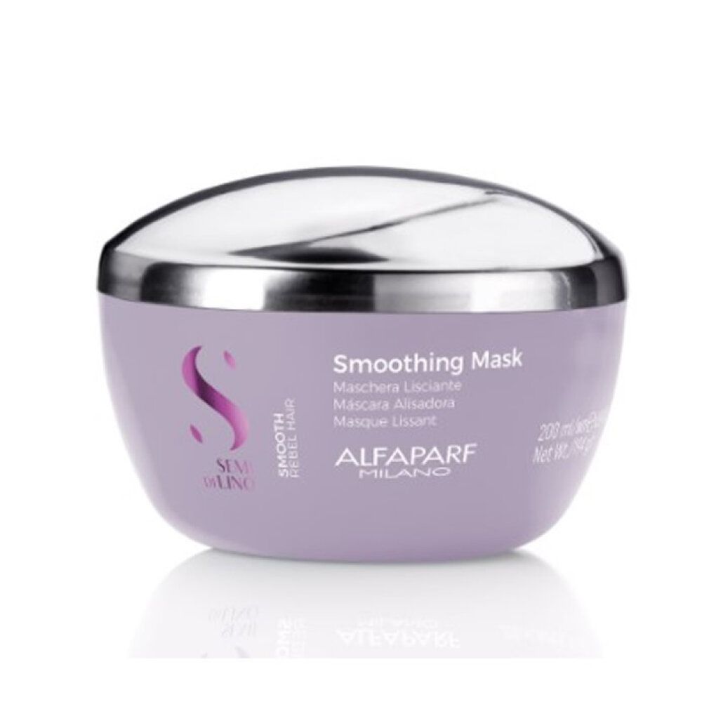 Alfaparf Milano Semi Di Lino Smoothing Mask in lila pot met zilveren deksel.