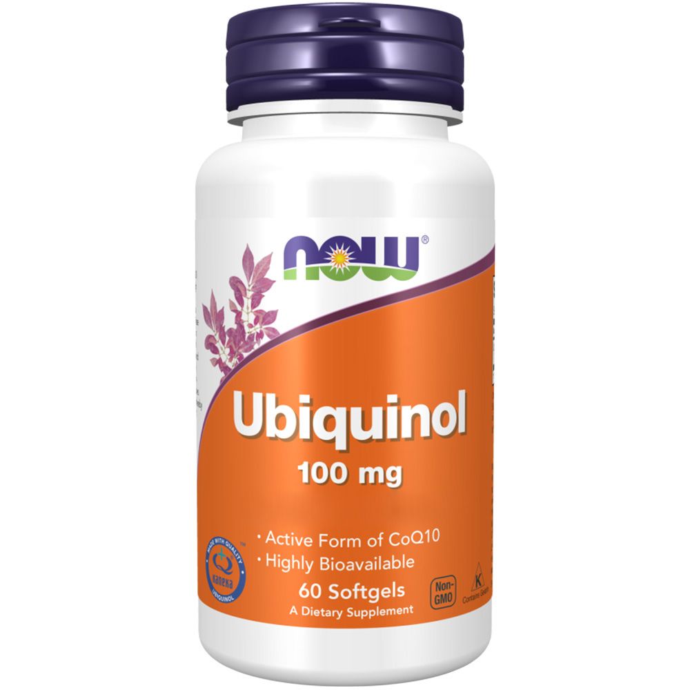 Flacon blanc avec bouchon violet. Étiquette orange avec texte: Ubiquinol 100 mg, 60 gélules. Marque: NOW.