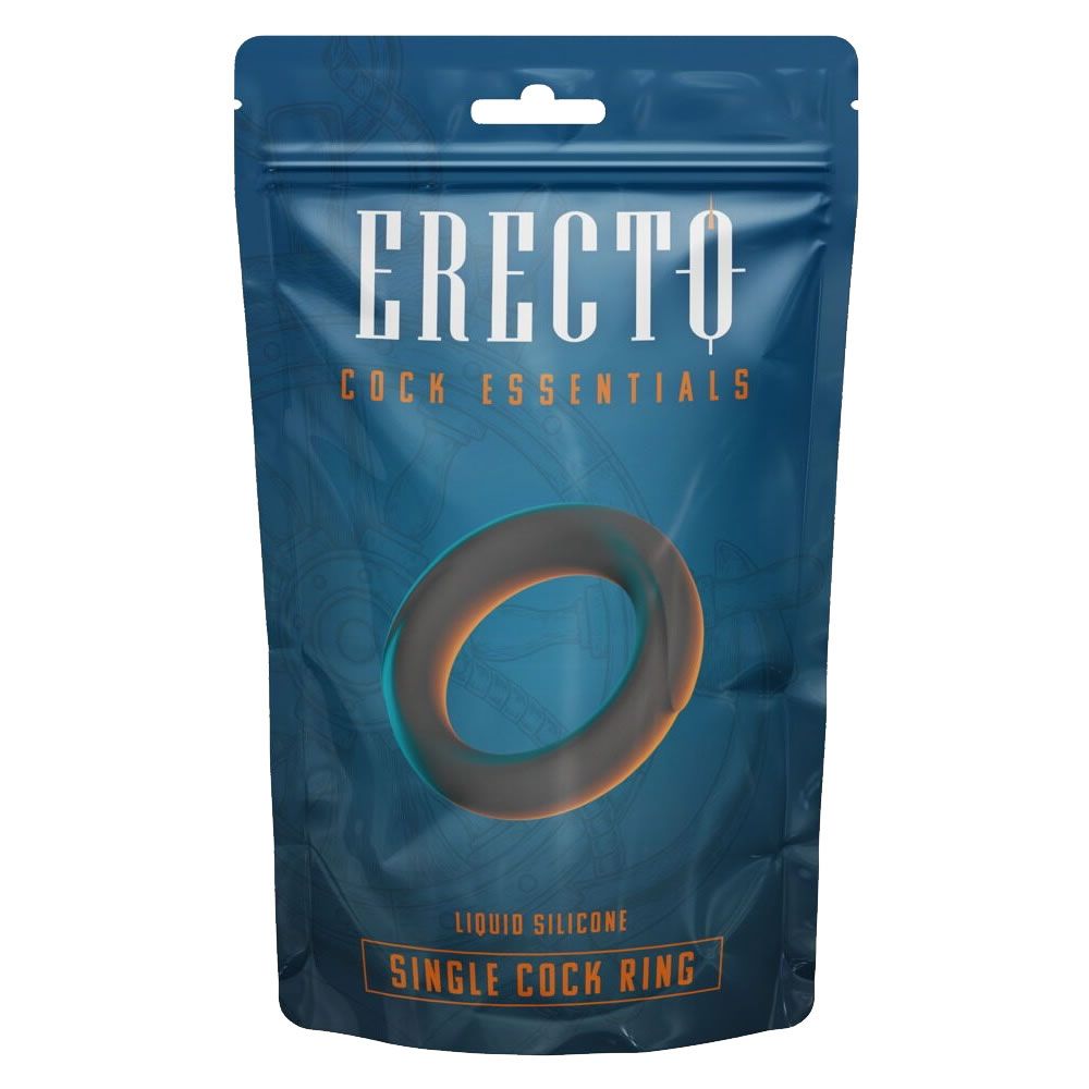 Emballage de cockring. Inscriptions: ERECTO, Cock Essentials, Liquid Silicone, Single Cock Ring. Anneau gris et orange.
