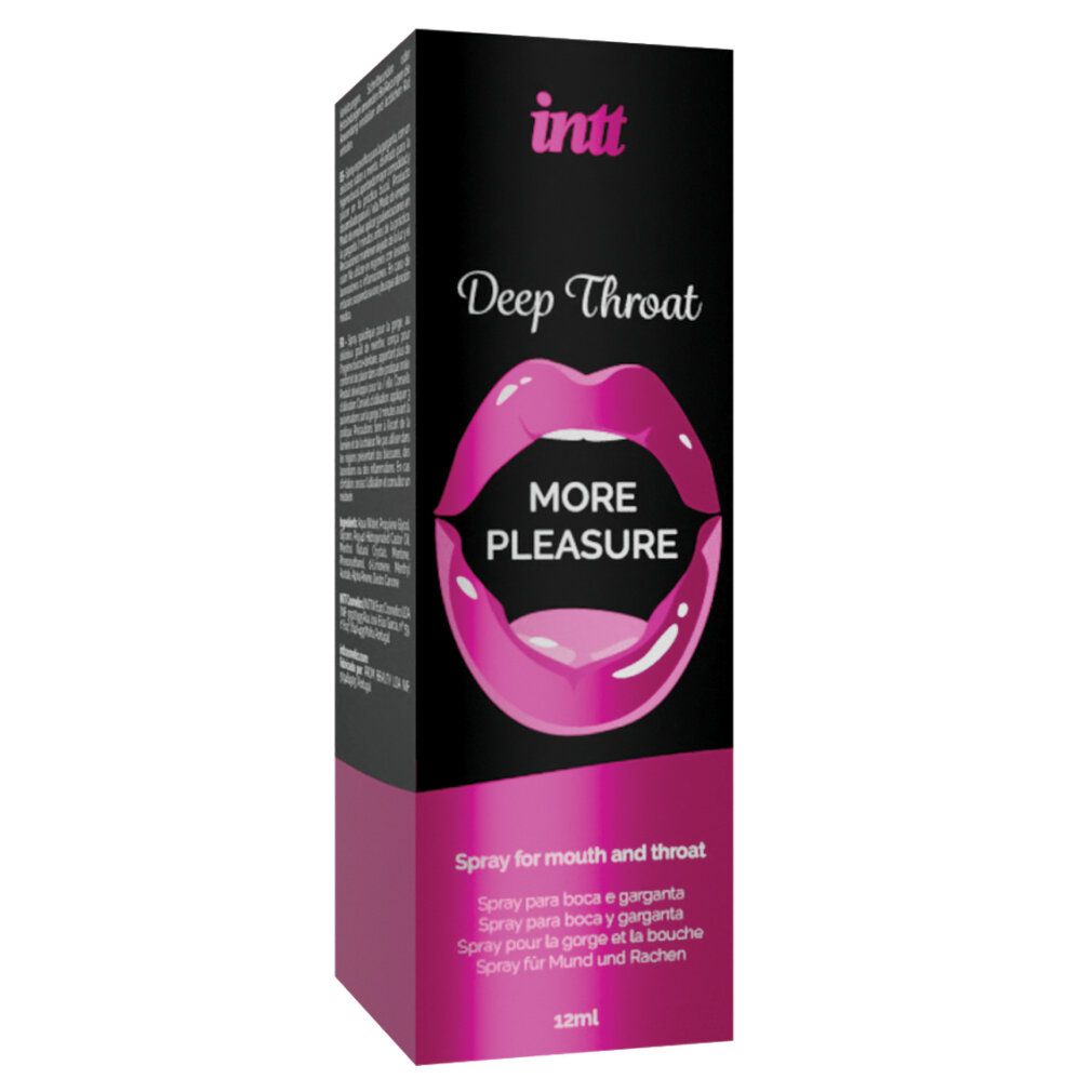 Zwarte verpakking met productnaam en lippenafbeelding. Tekst: Deep Throat, More Pleasure. 12ml.