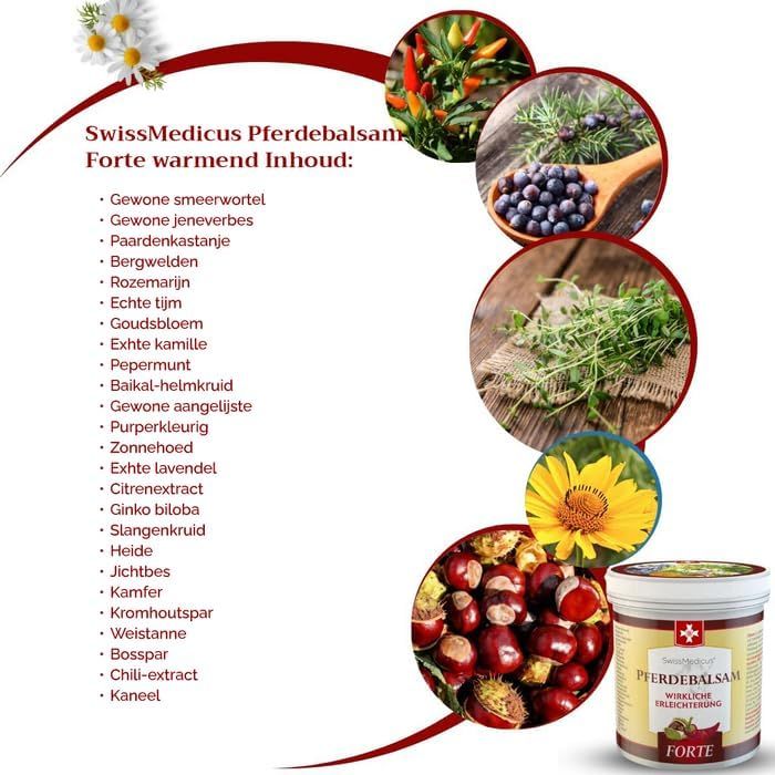 Grafiek met tekst 'Natuurlijke ingrediënten', productafbeelding en afbeeldingen van arnica, smeerwortel, hennep, chili, paardenkastanje.
