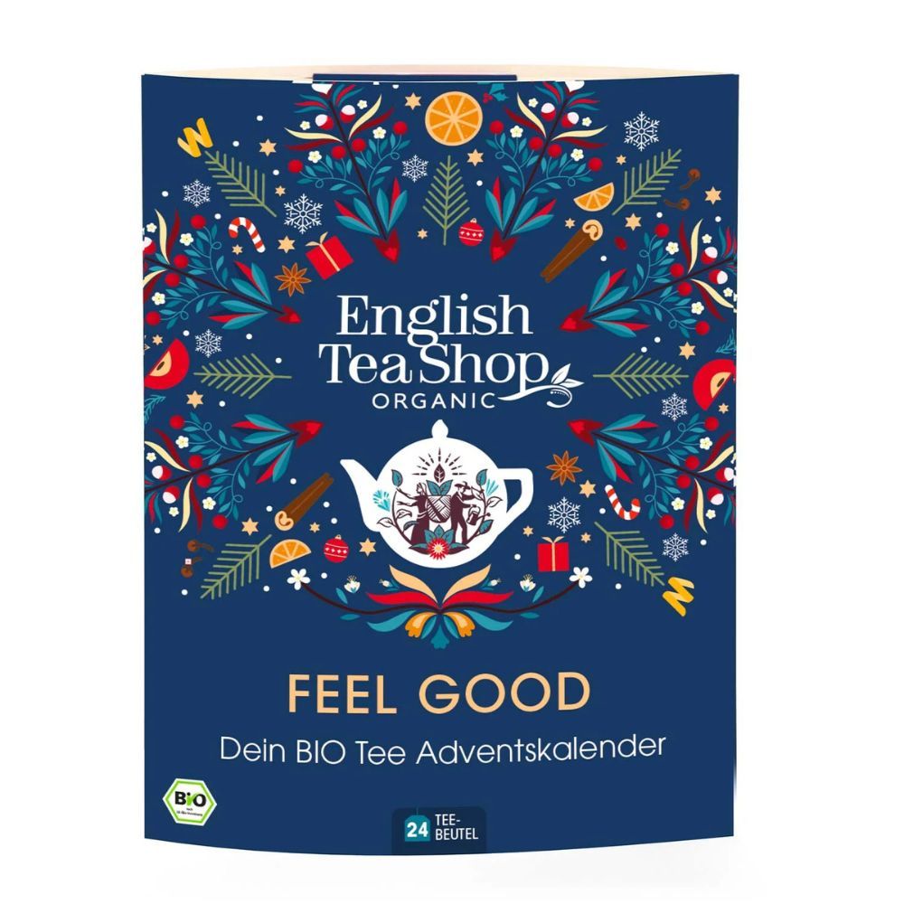 Blauwe adventskalender. English Tea Shop logo. "Feel Good" en "24 theezakjes" zichtbaar. Bio-keurmerk.