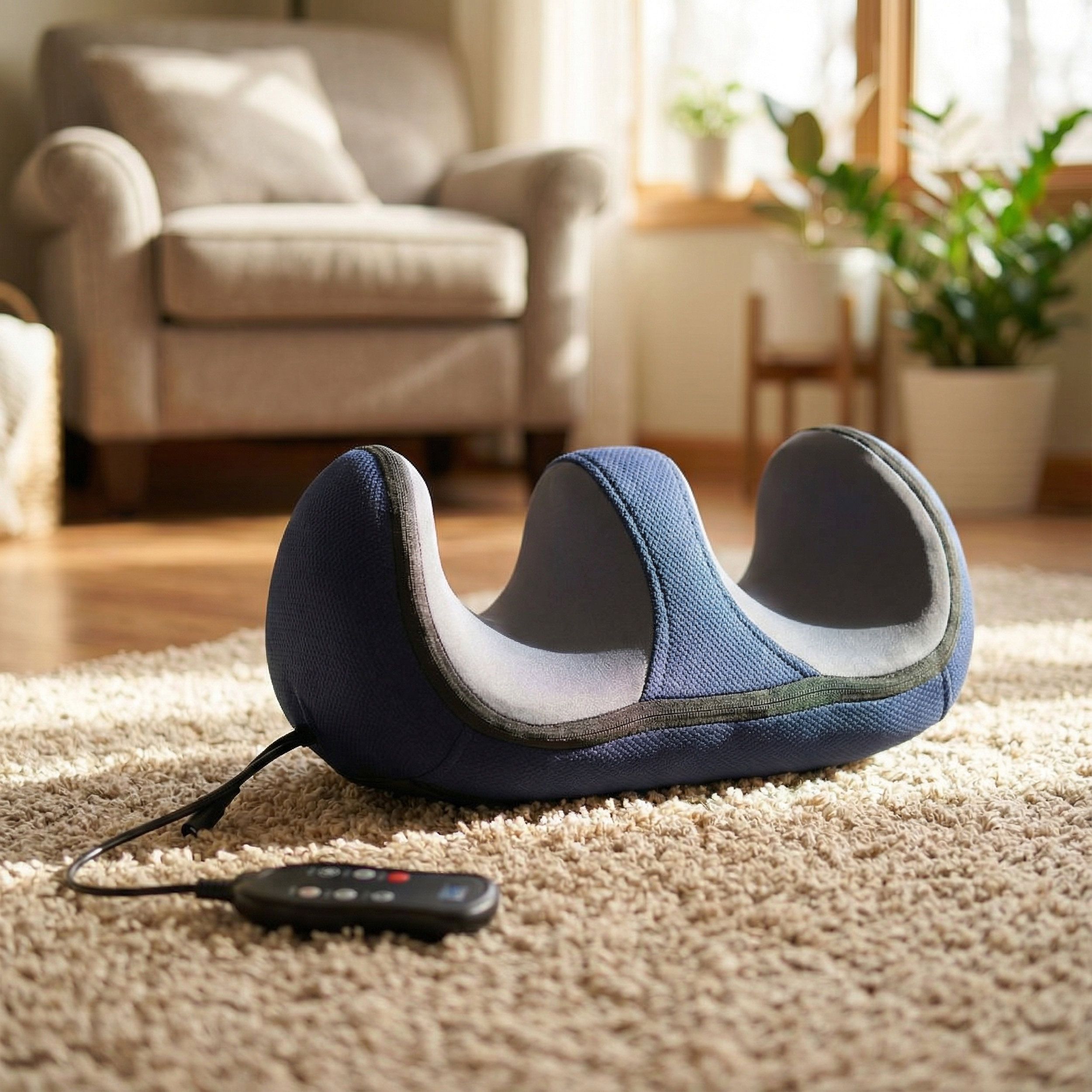 Blauw-grijs massageapparaat op tapijt. Met afstandsbediening met snoer. U-vormig.