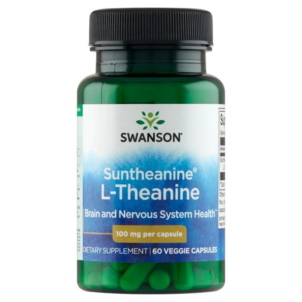 Groene fles met capsules. Opschrift: SWANSON Suntheanine L-Theanine, 100 mg per capsule. Voedingssupplement.