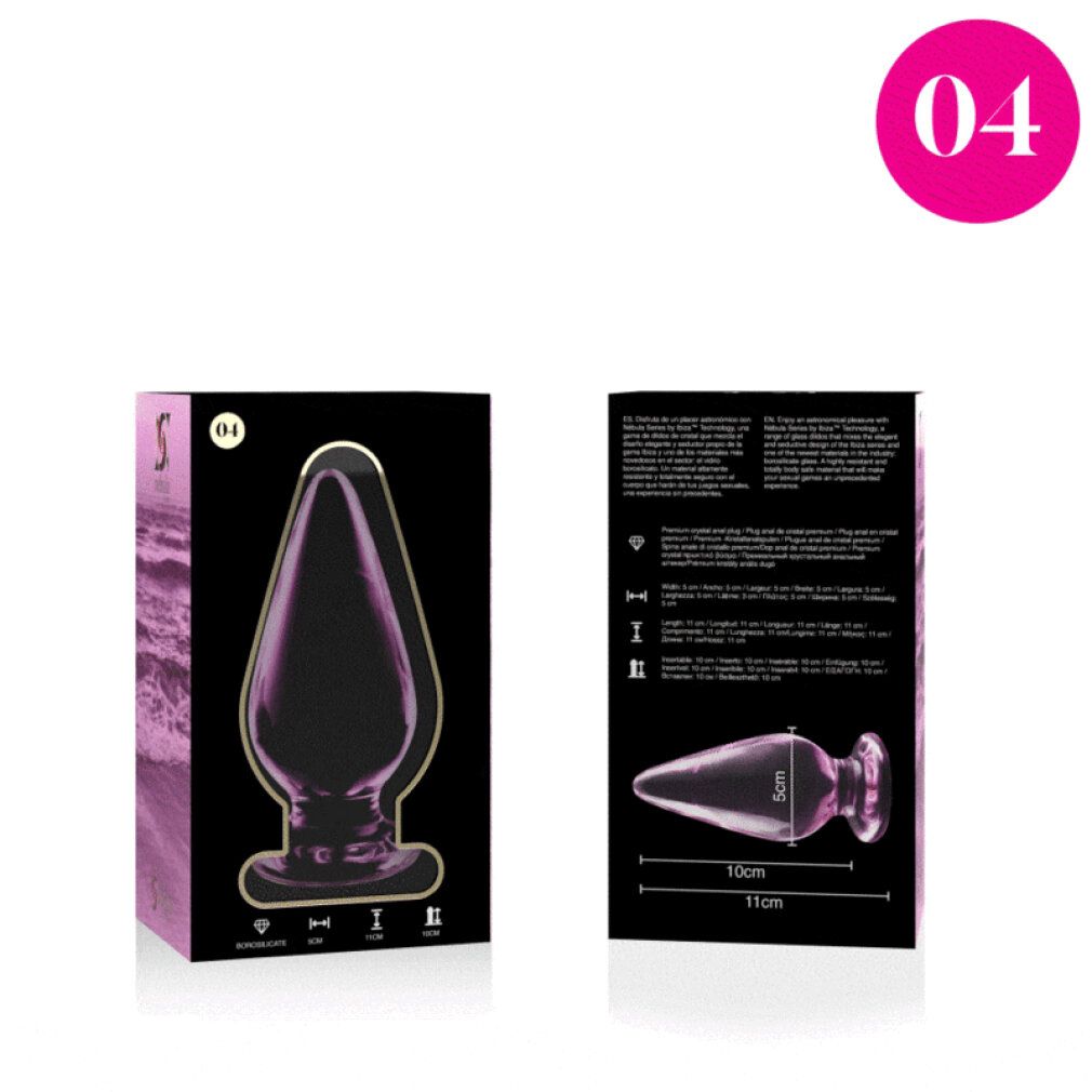 Plug anal en verre rose avec base large, 11 cm de long, 5 cm de large.