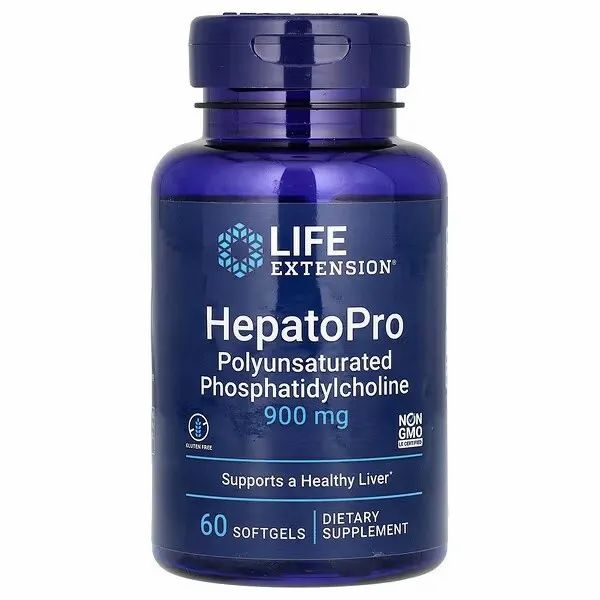 Blauwe fles HepatoPro. Opschrift: Life Extension, 900 mg, 60 softgels. Ondersteunt gezonde lever. Voedingssupplement.