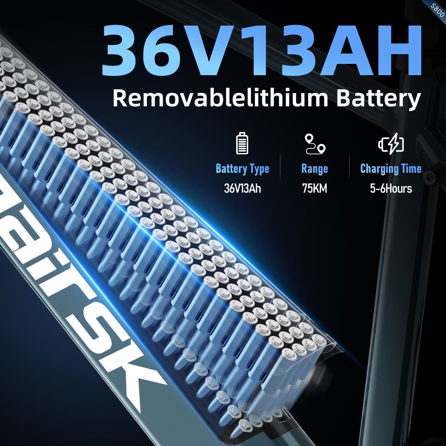 Graphique : batterie 36V13Ah, amovible. Autonomie 75 km, temps de charge 5-6 heures.