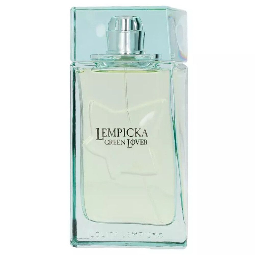 Rechthoekige parfumfles met groene geur. Opschrift: Lempicka Green Lover. Transparante sluiting.