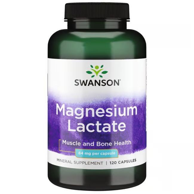 Groene fles met wit etiket. Opschrift: SWANSON Magnesium Lactate, 84 mg per capsule, 120 capsules.