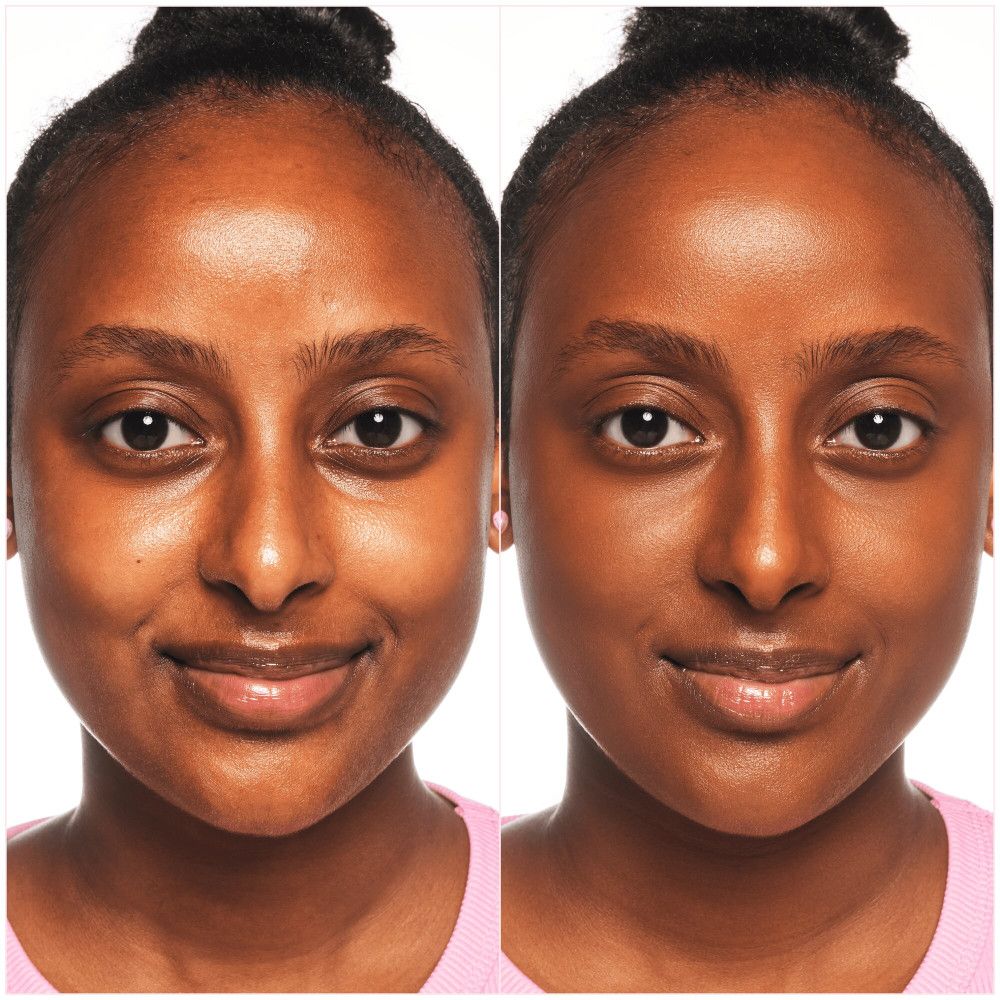 Voor-en-na vergelijking: gezicht van een vrouw voor en na foundation. Duidelijk verschil in huid.