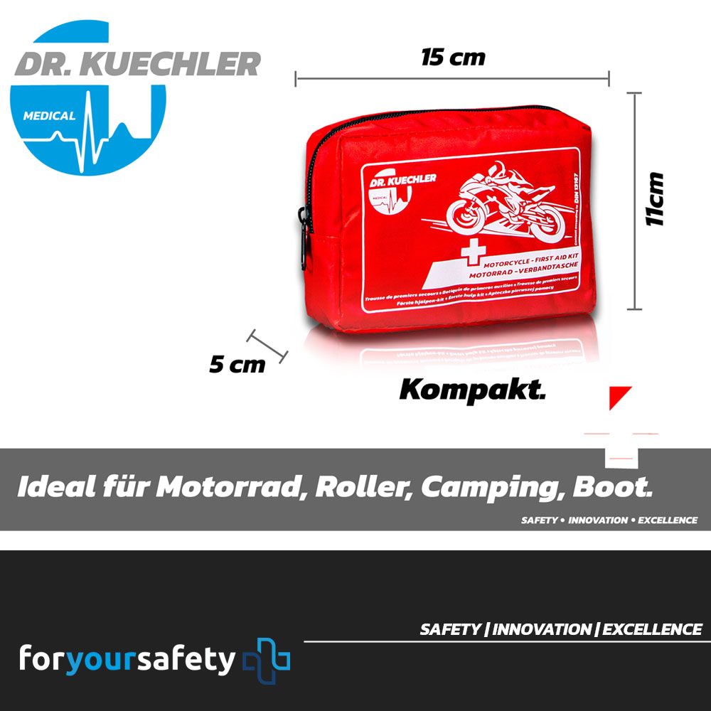Rode motor EHBO-kit, 15x11x5 cm. Witte kruis en motorillustratie. Dr. Kuechler Medical logo. Ideaal voor motor, scooter, camping, boot.