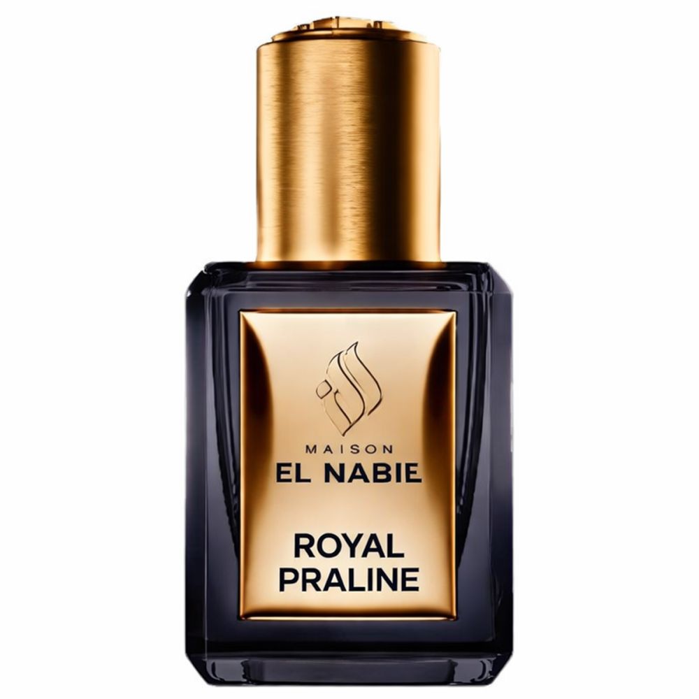 Flacon noir avec inscription dorée. Bouchon doré. Nom du produit: Royal Praline.