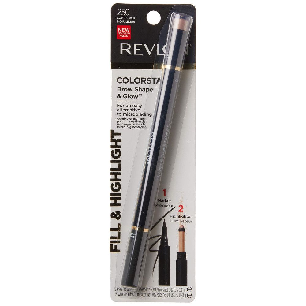 Revlon ColorStay Brow Shape & Glow. Crayon à sourcils noir et highlighter, emballage. Texte: ColorStay Brow Shape & Glow.