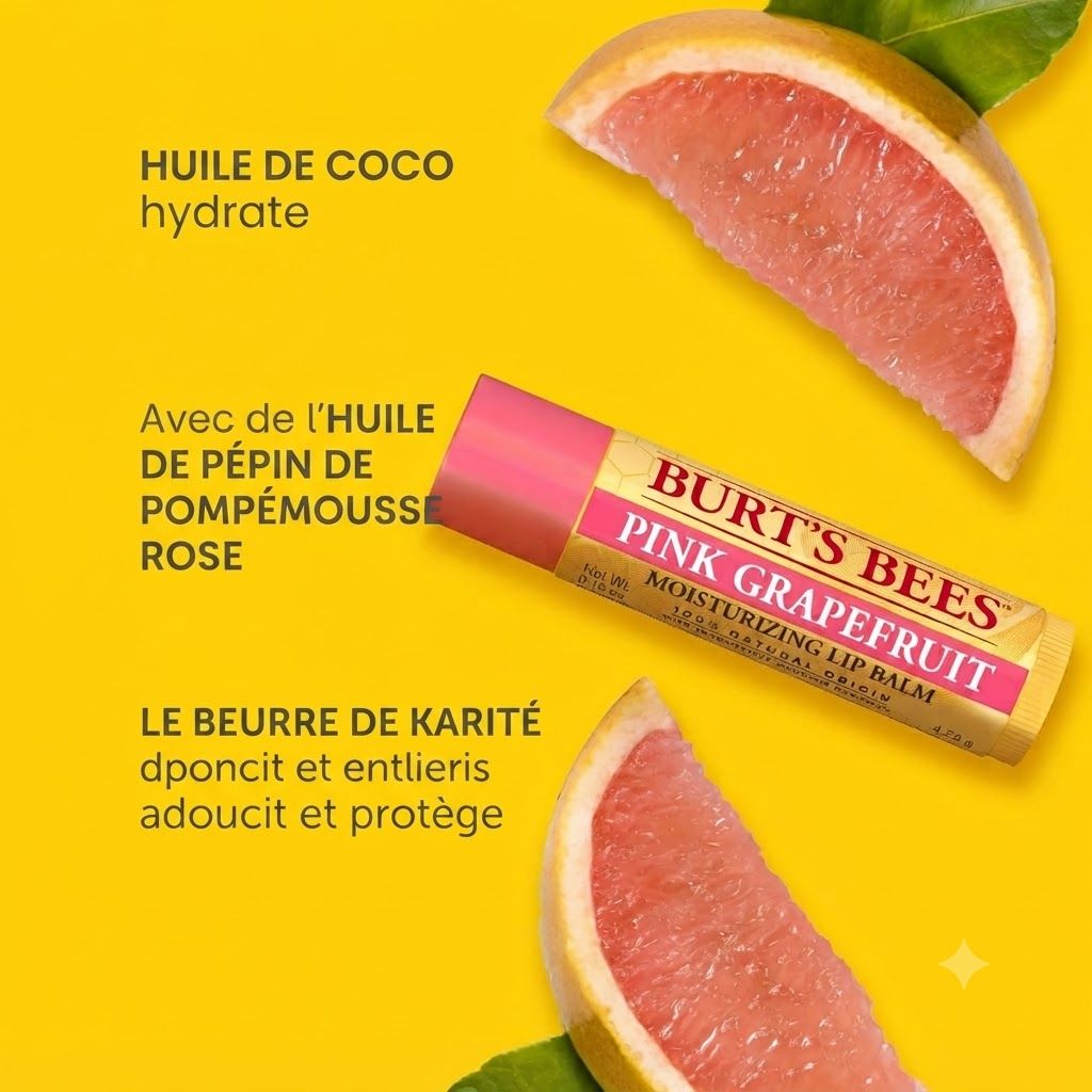 Burt's Bees Pink Grapefruit Baume à lèvres. Tube jaune avec capuchon rose. Contient des tranches de pamplemousse.