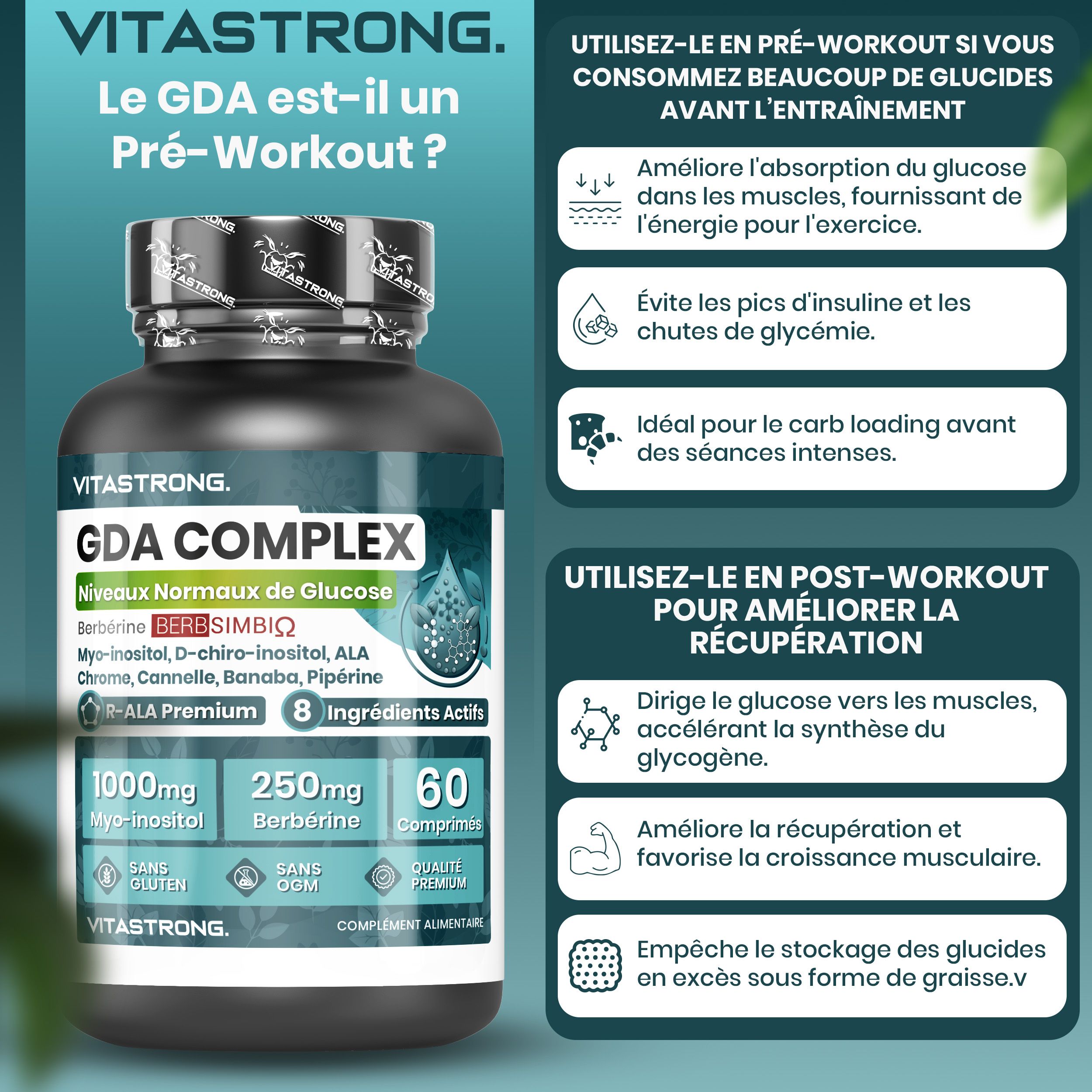 Vitastrong GDA Complex, 60 tabletten. Verpakking. Tekst: Myo-Inositol, Berberine, 60 tabletten, glutenvrij, non-GMO.