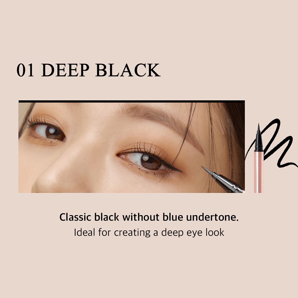 Close-up van een oog met eyeliner. Tekst: '01 DEEP BLACK'. Beschrijving: 'Classic black without blue undertone. Ideal for creating a deep eye look'.