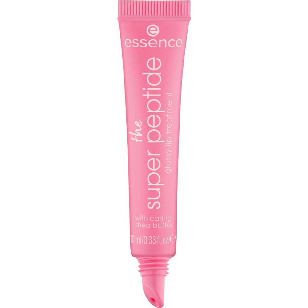 Tube rose avec texte du produit. Marque Essence, nom du produit : The Super Peptide, Glossy Lip Treatment. Avec beurre de karité. Applicateur.