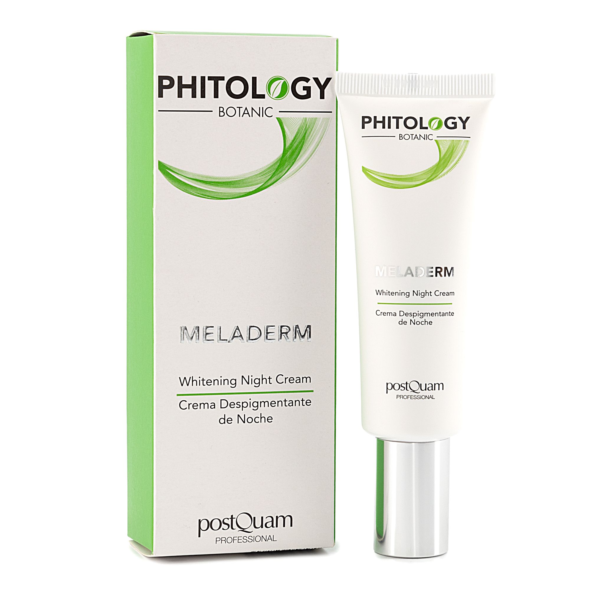 Groene doos en tube. Opschrift: PHITOLOGY BOTANIC, MELADERM, Whitening Night Cream, postQuam PROFESSIONAL.