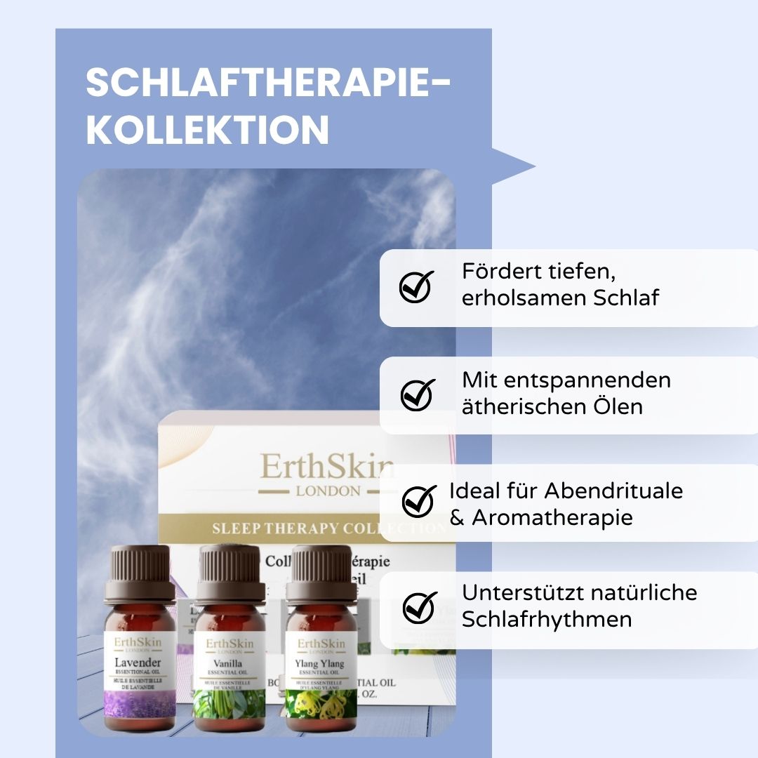 Collection Thérapie du sommeil ErthSkin London. Trois flacons d'huiles essentielles. Emballage et texte.